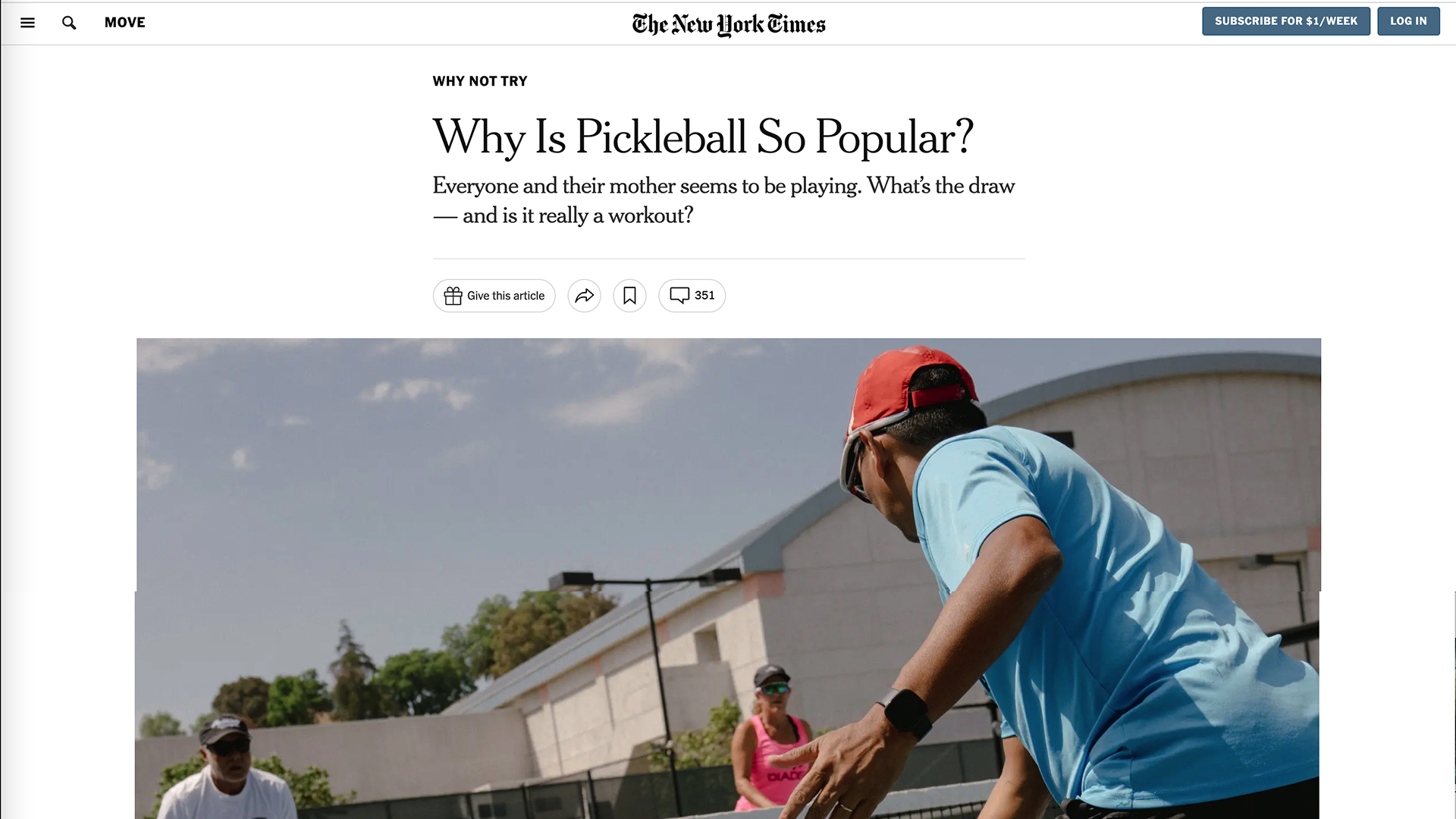 Pickleball article in the New York Times