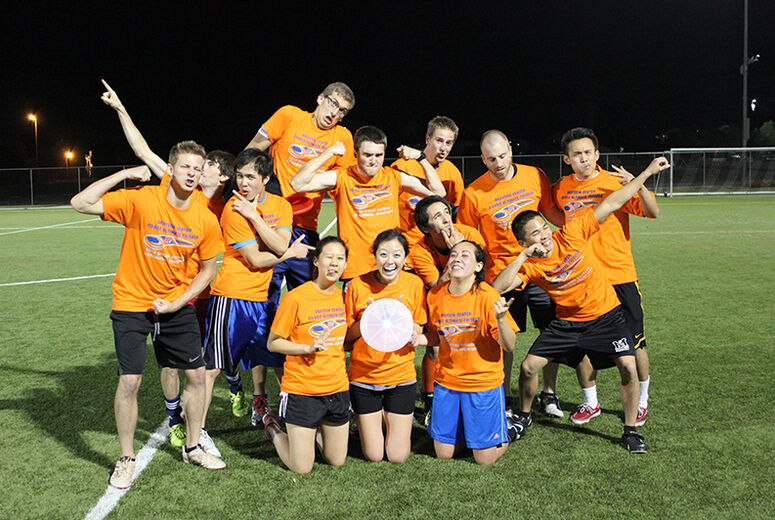 silly group photo of a co-ed intramurals soccer team